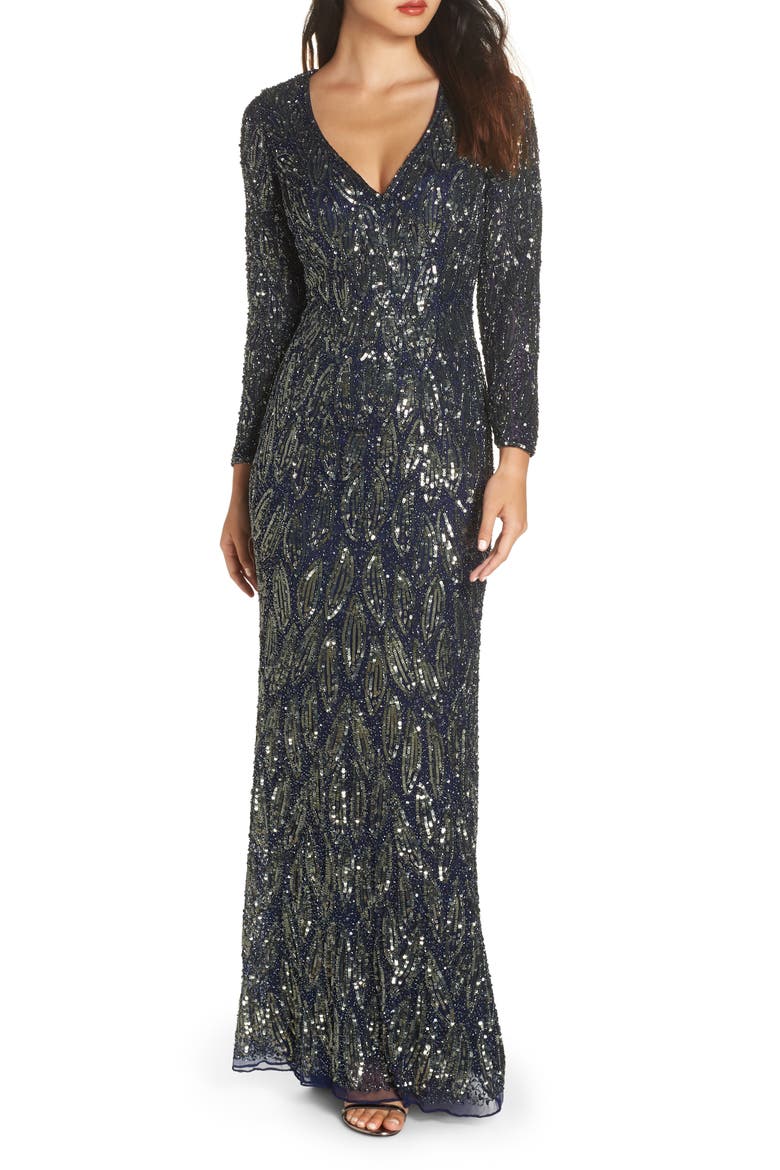 Beaded Long Sleeve Gown, Main, color, MIDNIGHT