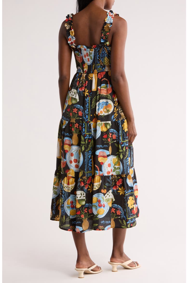 Mixed Print Smocked Tiered Midi Dress, Alternate, color, BLACK MULTI