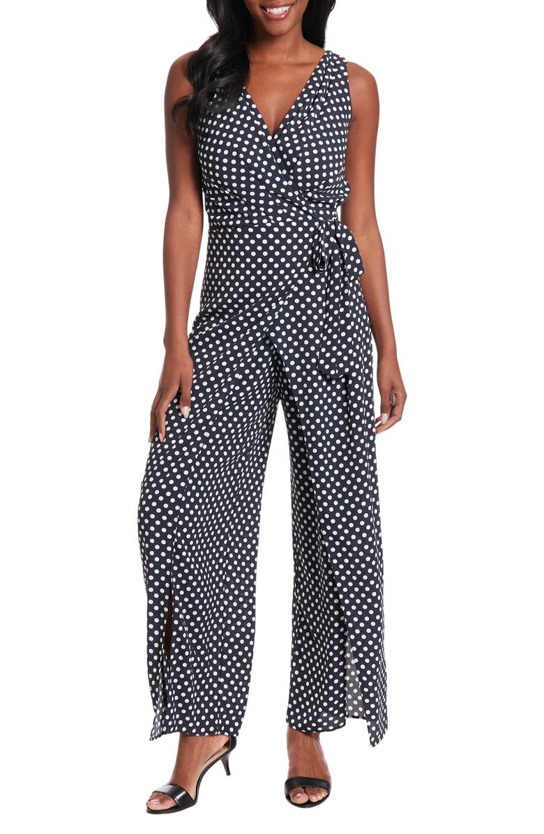 London Times Polka Dot Walk-Through Jumpsuit, Main, color, Navy/ White