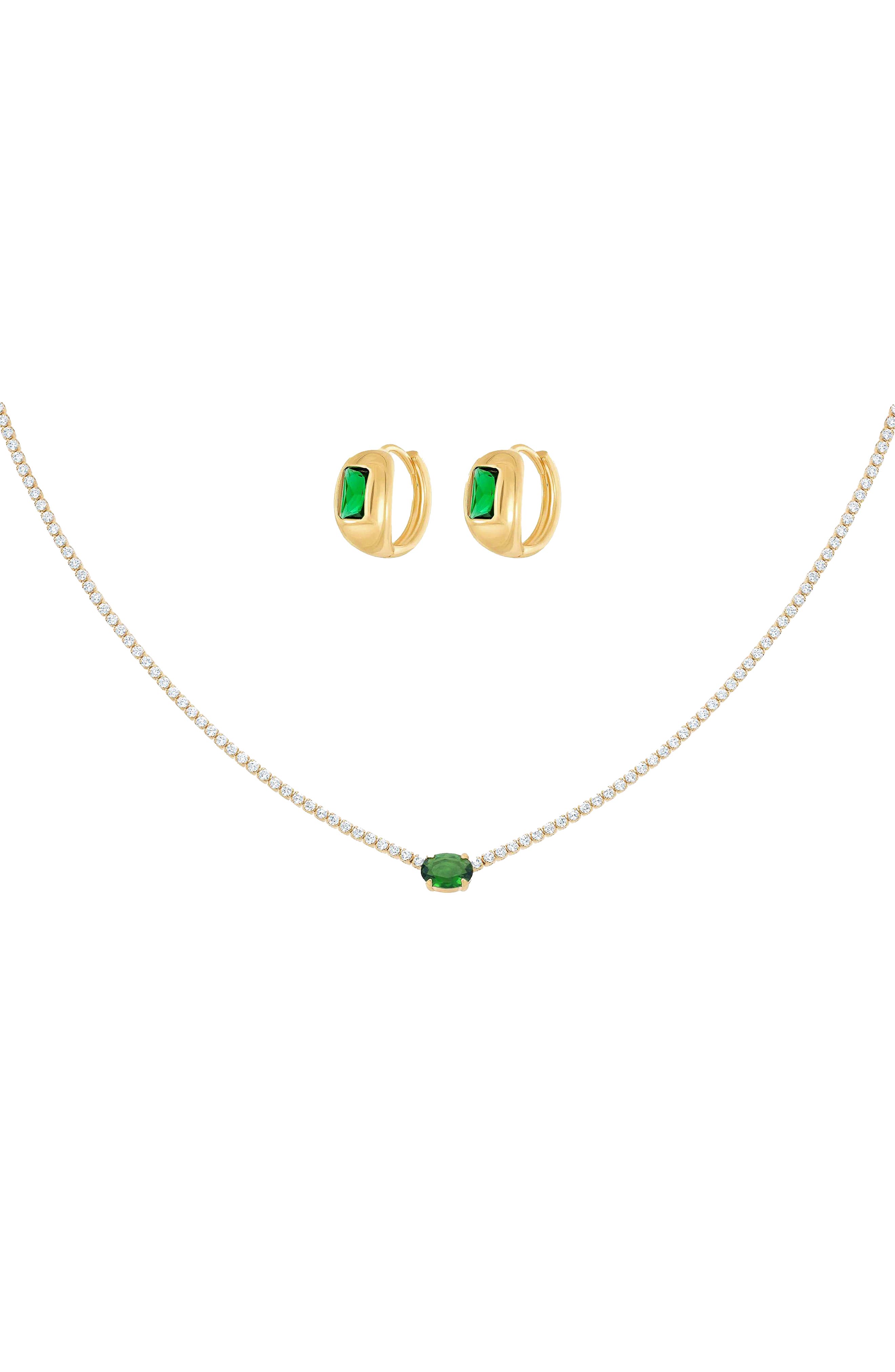 Bearfruit Jewelry 18k Gold Plated Sterling Silver Emerald Rectangle Necklace & Huggies Set Holiday G
