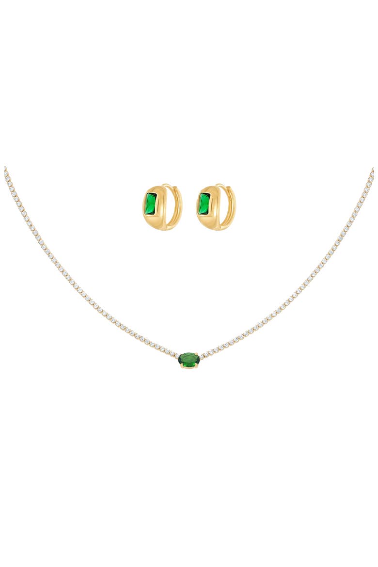 18k Gold Plated Sterling Silver Emerald Rectangle Necklace & Huggies Set Gift Guide, Main, color, Gold