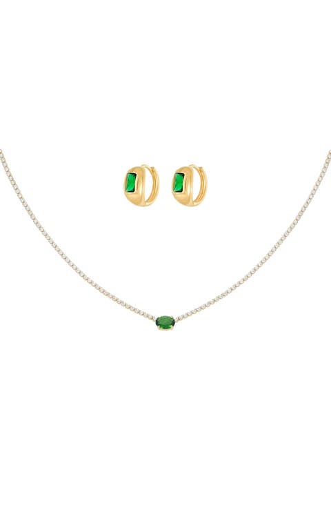 18k Gold Plated Sterling Silver Emerald Rectangle Necklace & Huggies Set Holiday Gift Guide