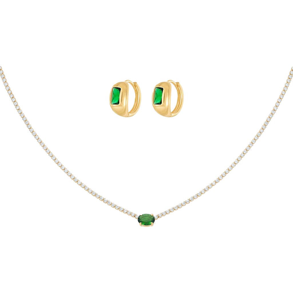 Bearfruit Jewelry 18k Gold Plated Sterling Silver Emerald Rectangle Necklace & Huggies Set Holiday G