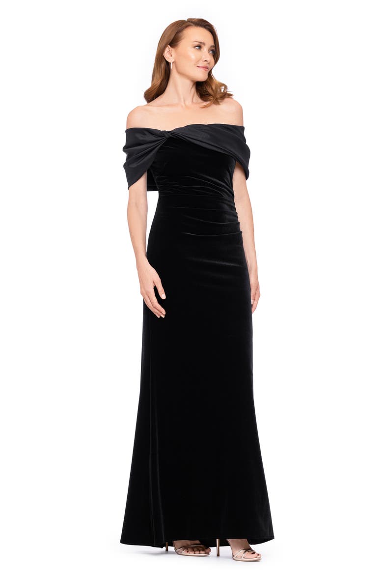 Off the Shoulder Ruched Velvet Gown, Alternate, color, BLACK