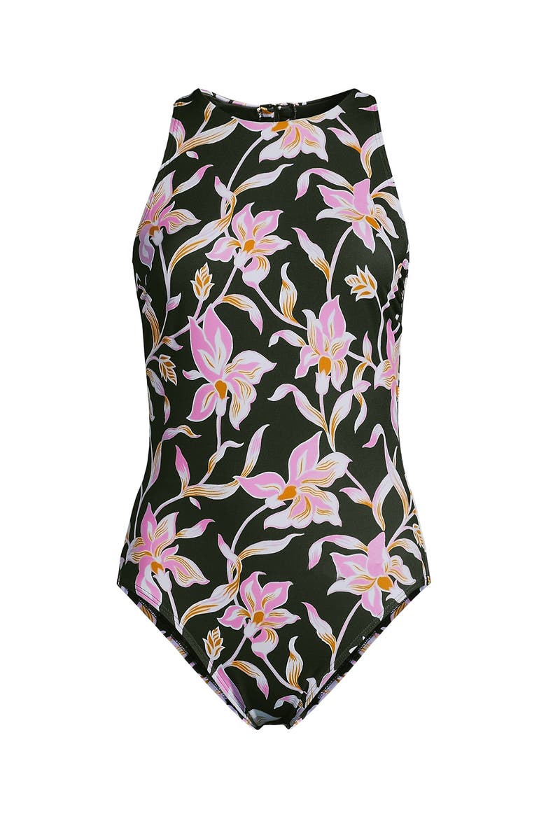 Tugless High Neck Portrait Back One Piece Swimsuit, Alternate, color, Tropic Floral/Rich Olive