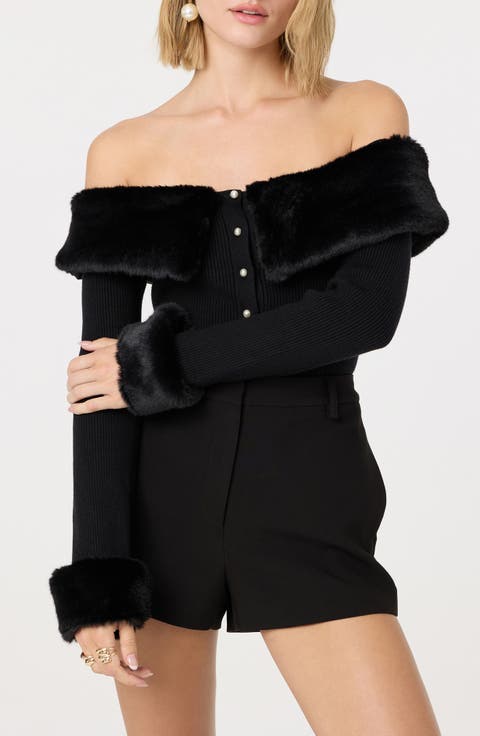 Tabathia Off the Shoulder Faux Fur Trim Sweater