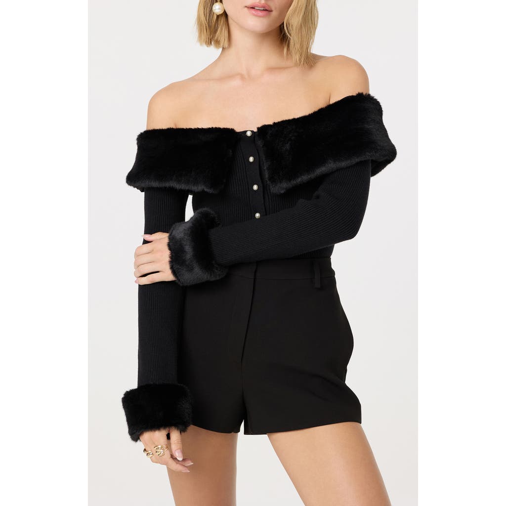 Astr The Label Tabathia Off The Shoulder Faux Fur Trim Sweater In Black