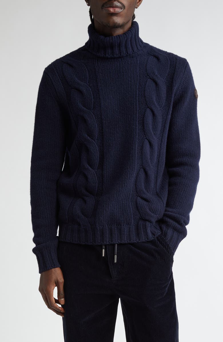 Moncler Ciclista Cable Stitch Virgin Wool & Cashmere Turtleneck Sweater, Main, color, 