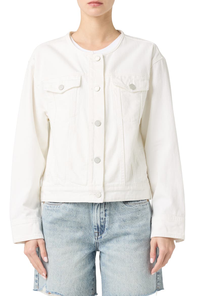 Collarless White Denim Trucker Jacket, Main, color, HEAD IN THE CLOUDS