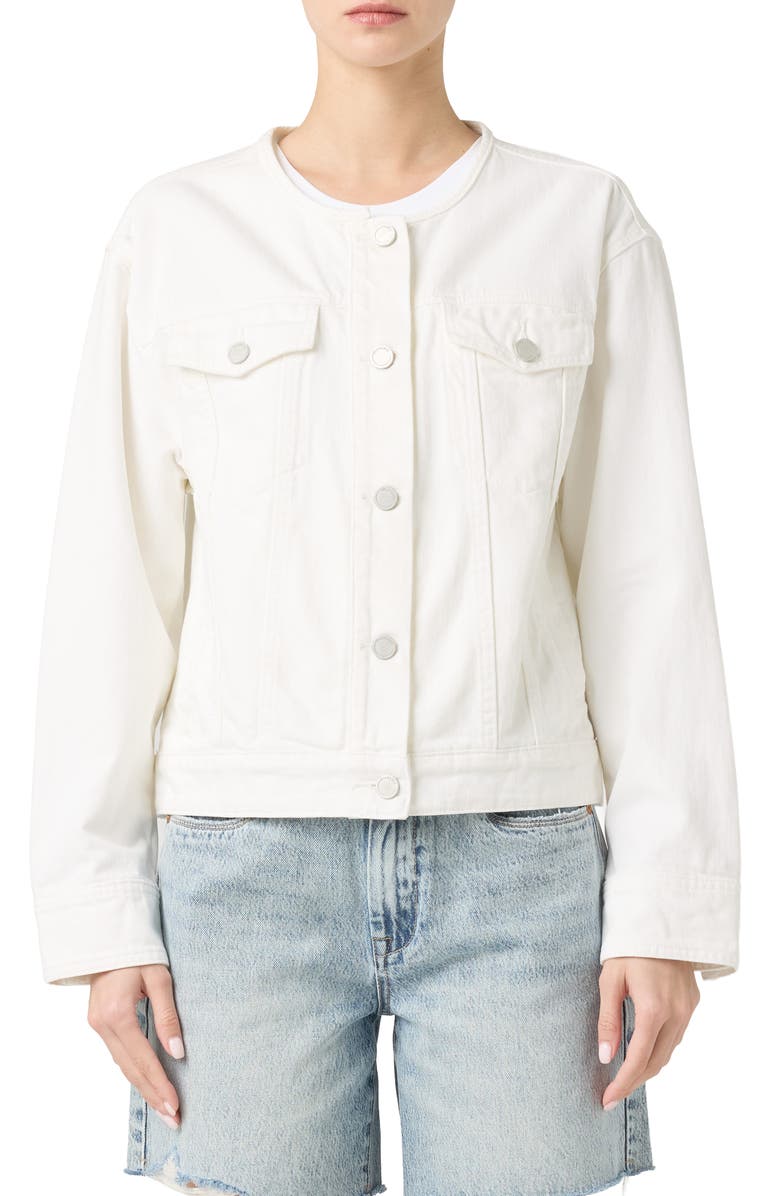 BLANKNYC Collarless White Denim Trucker Jacket, Main, color, 