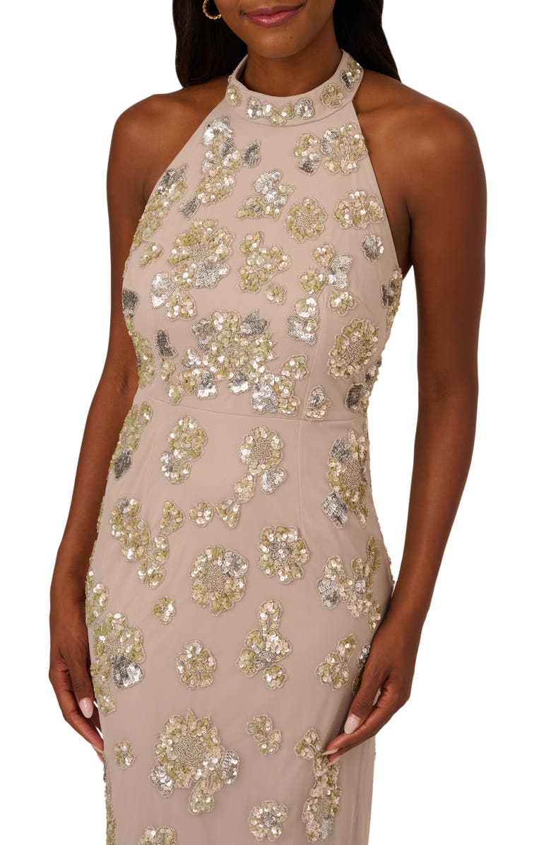 Adrianna Papell Sequin Floral High Neck Column Gown, Alternate, color,