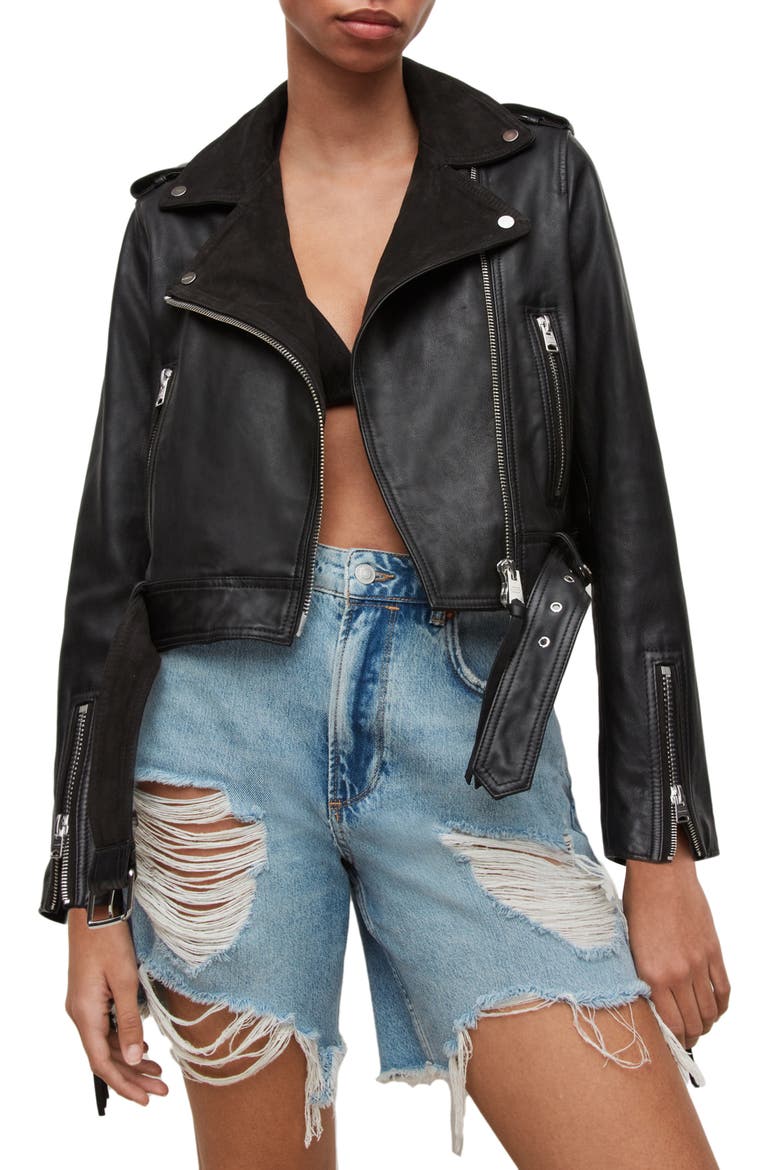 Ayra Tassel Leather & Suede Jacket, Main, color, BLACK