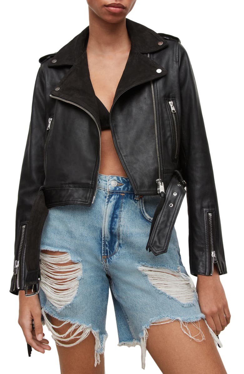 AllSaints Ayra Tassel Leather & Suede Jacket, Main, color, 