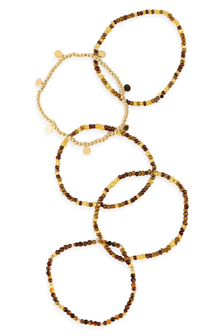 Set of 5 Beaded Stretch Bracelets, Main, color, BROWN