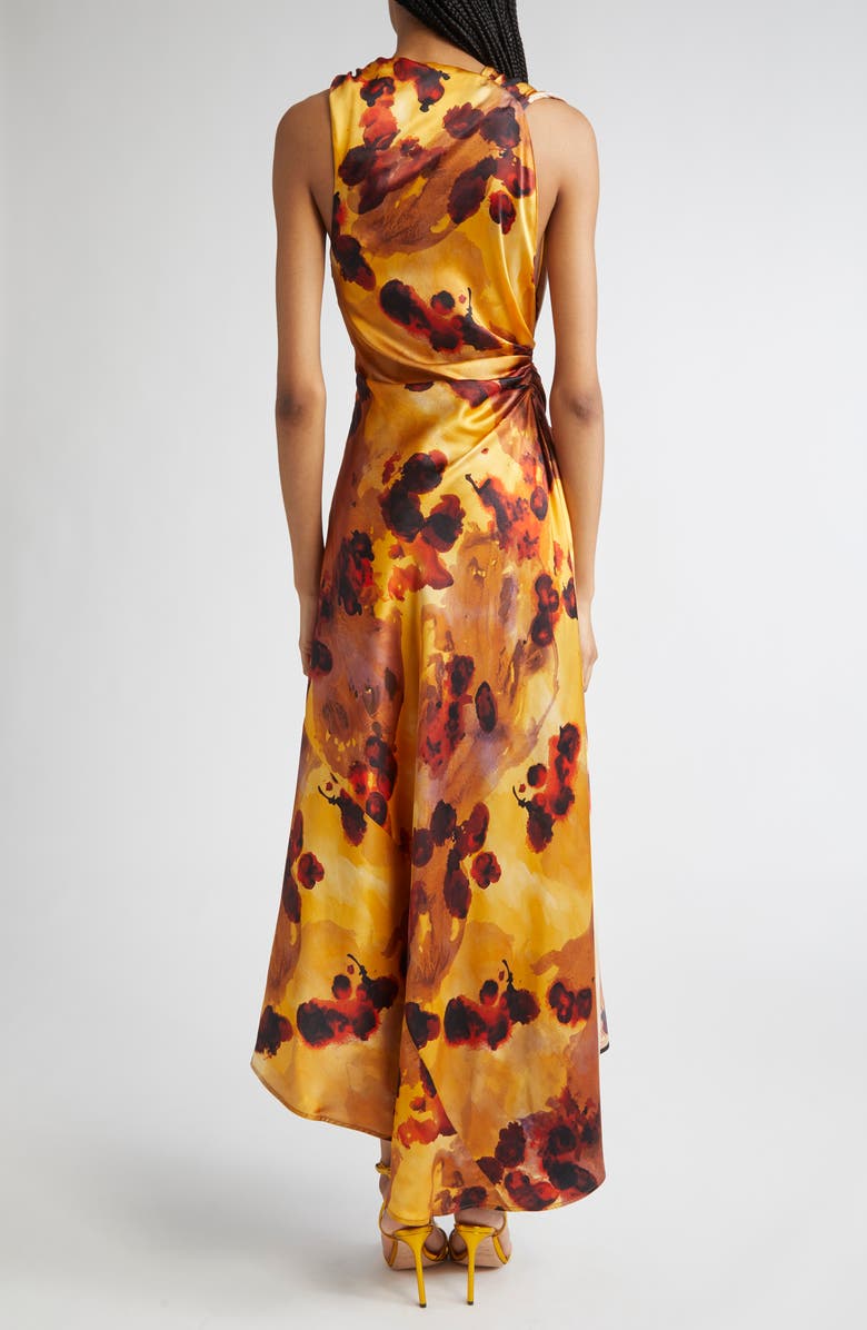 Victoria Beckham Abstract Floral Asymmetric Silk Midi Dress, Alternate, color, Amber