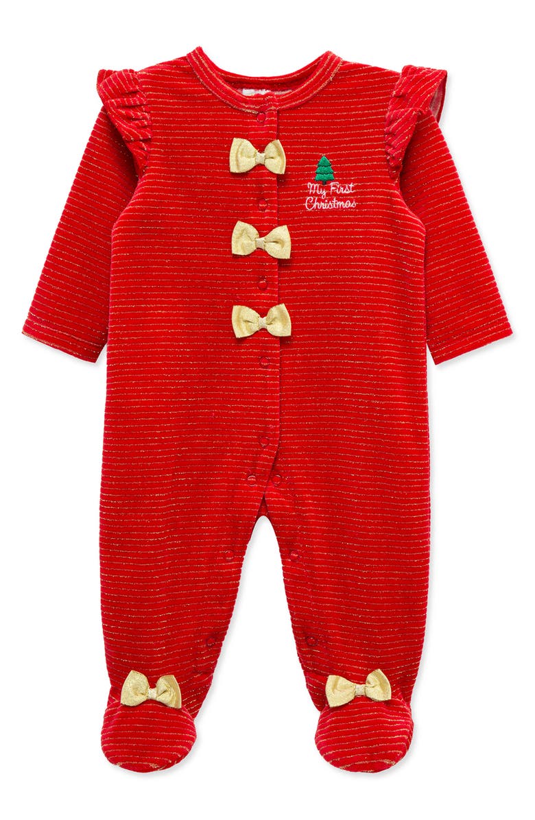 Little Me Velour Festive Stripe Footie, Main, color, Red