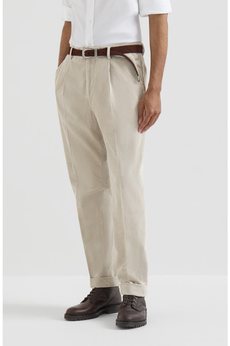 Garment-dyed trousers in cotton corduroy with pleat, Main, color, White