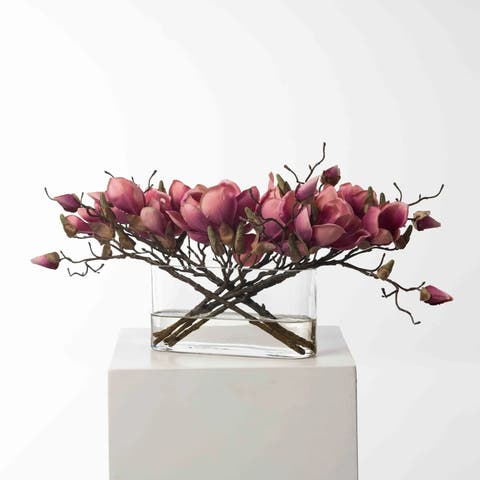 Fuchsia Magnolia Branch Blooms in Oval Pocket Vase