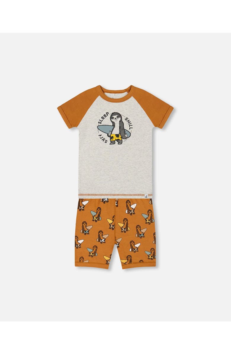 Deux par Deux Little Boy's Organic Cotton Two-Piece Short Pajama Set Sloths On Tan And Mottled Background, Main, color, 