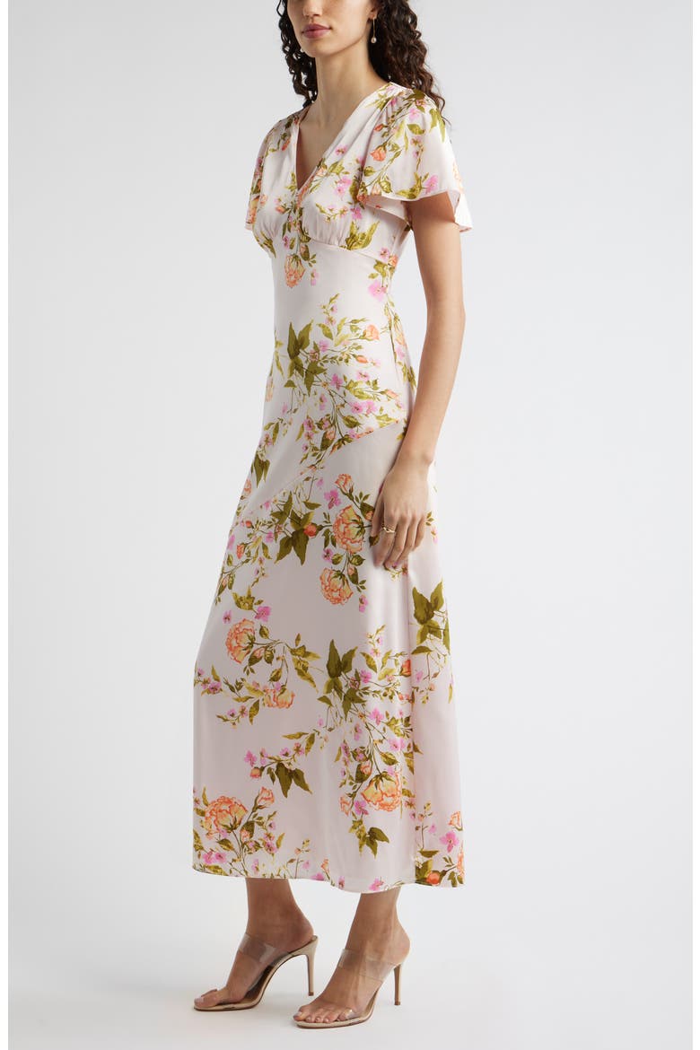 Flutter Sleeve Satin Maxi Dress, Alternate, color, MULTI ROCOCO FLORAL
