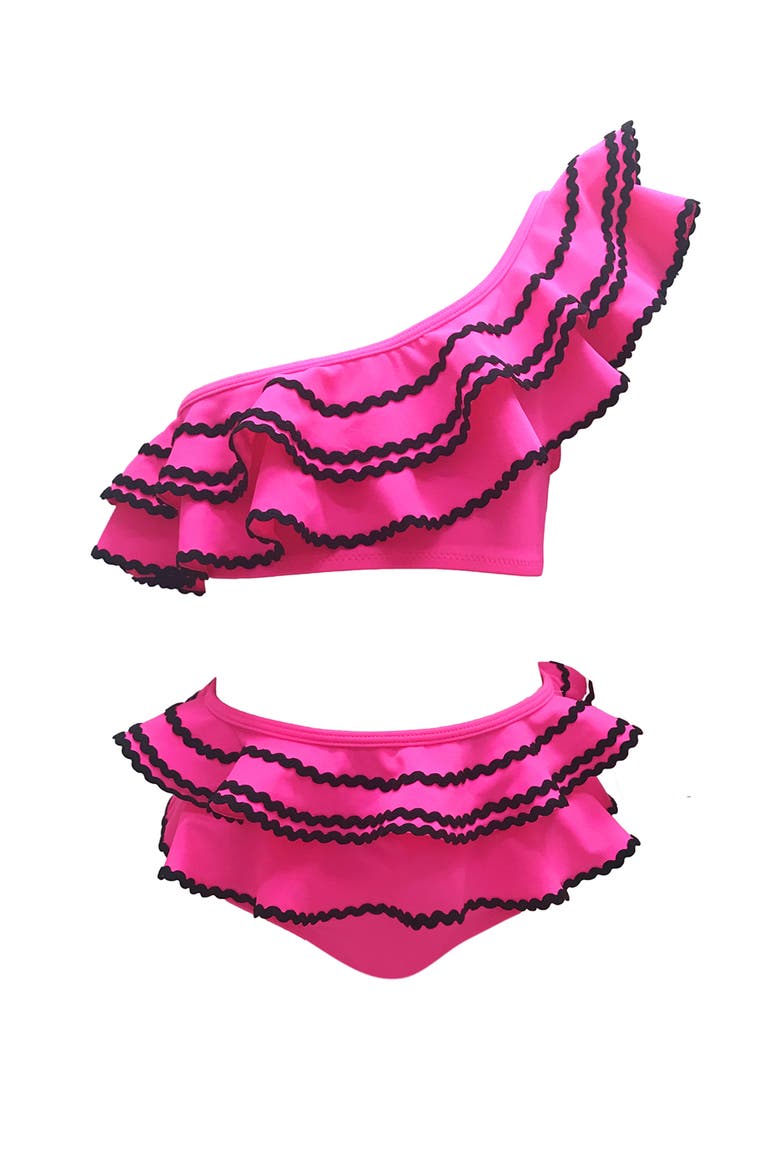 Vibrant Tiered Ruffle One-Shoulder with Ric-Rac Detail Two-Piece Bikini, Main, color, Pink