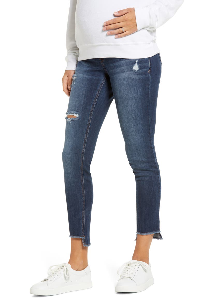 Maternity Distressed Step Hem Skinny Jeans, Main, color, ELENI