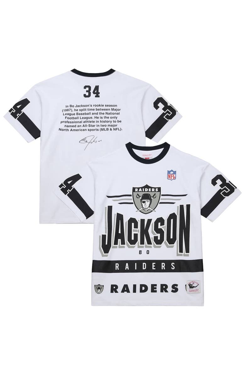 Mitchell
Ness Men
s Mitchell
Ness Bo Jackson White Las Vegas Raiders Name
Number Team Origins Vintage Logo T-Shirt, Main, color, White