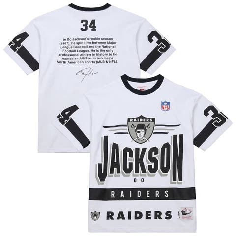 Men
s Mitchell 
Ness Bo Jackson White Las Vegas Raiders Name 
Number Team Origins Vintage Logo T-Shirt