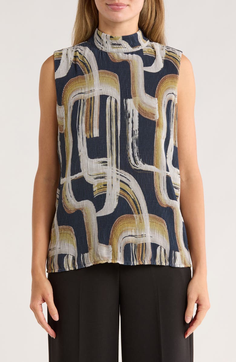 Calvin Klein Abstract Mock Neck Micropleat Shell, Main, color, Navy Multi