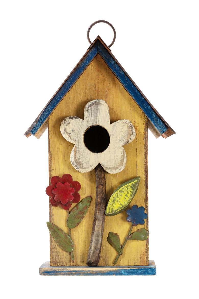 10"H Multicolor Cute Distressed Solid Wood Birdhouse with 3D Flowers, Alternate, color, Yellow