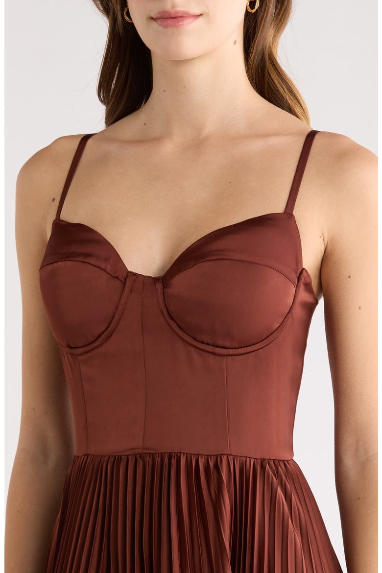 Elyssa Bustier Pleated Satin Dress, Alternate, color, RUST BROWN