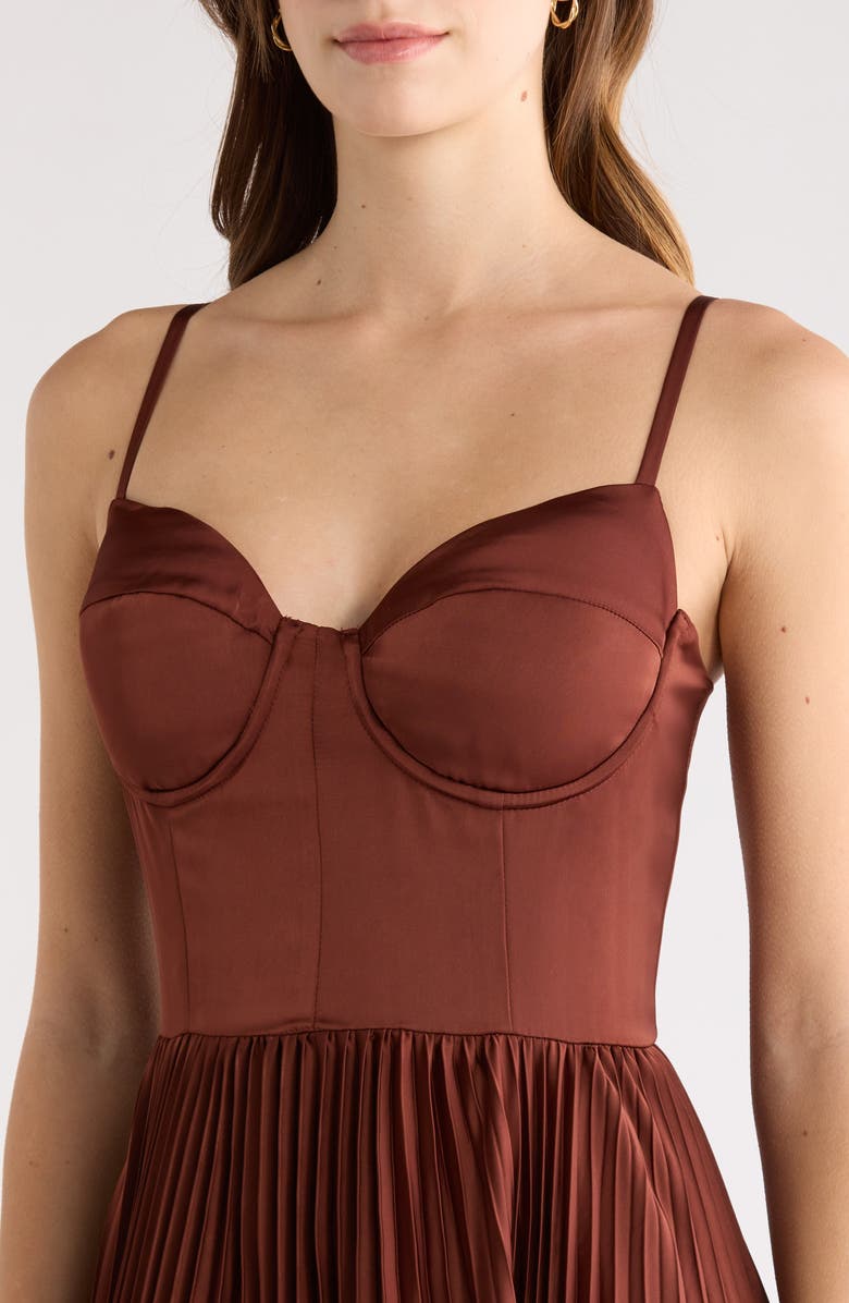 ASTR the Label Elyssa Bustier Pleated Satin Dress, Alternate, color, Rust Brown