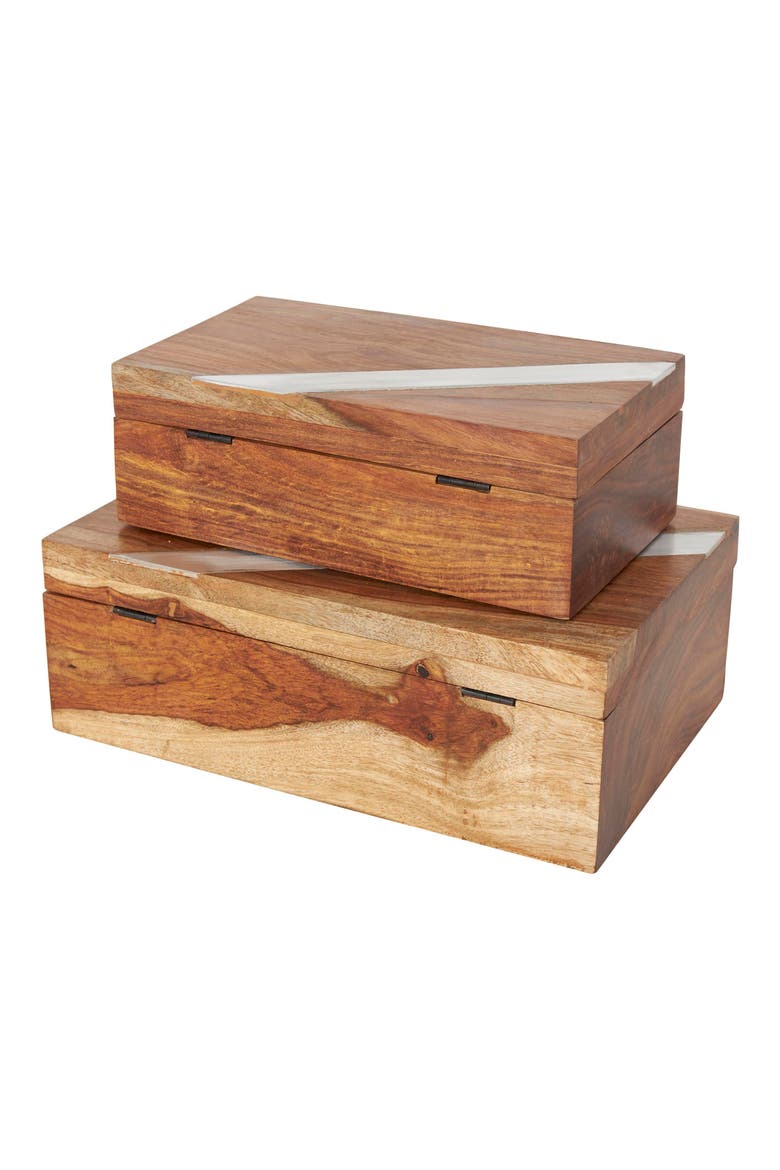 Contemporary Set of 2 Natural Wood Boxes, Alternate, color, BROWN