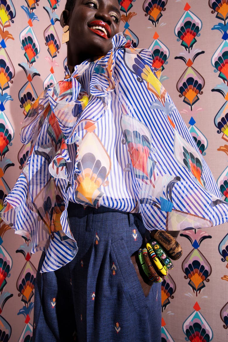 Printed Silk Organza Blouse With Flounces Stripes - print with geometric tulip design, Alternate, color, White / Blue Multicolo