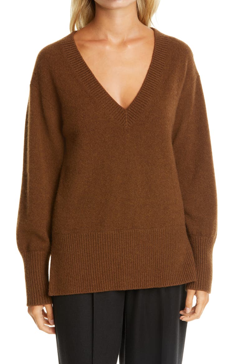 Ribbed V-Neck Cashmere Tunic Sweater, Main, color, HEATHER VERONA
