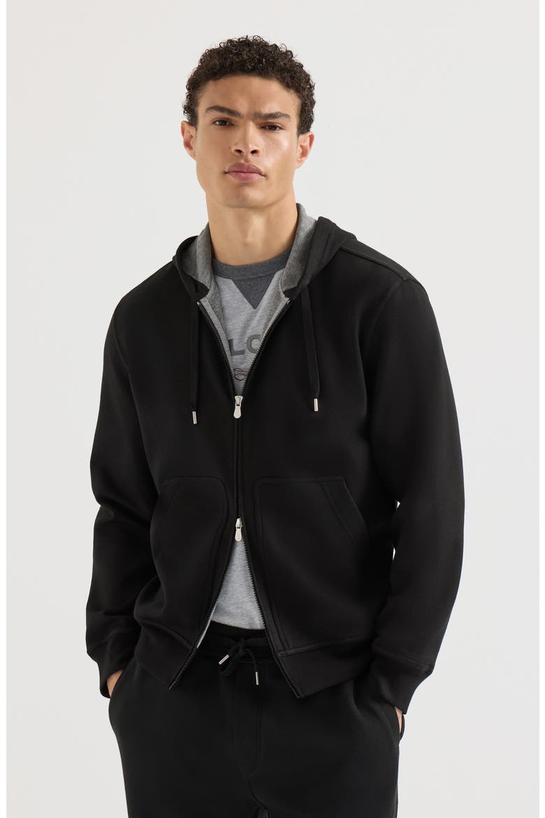Cotton, cashmere and silk French terry double cloth hooded sweatshirt with zipper, Main, color, Black