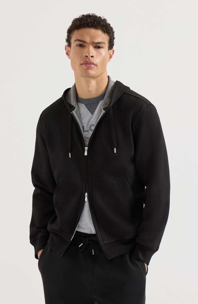 Brunello Cucinelli Cotton, cashmere and silk French terry double cloth hooded sweatshirt with zipper, Main, color, Black