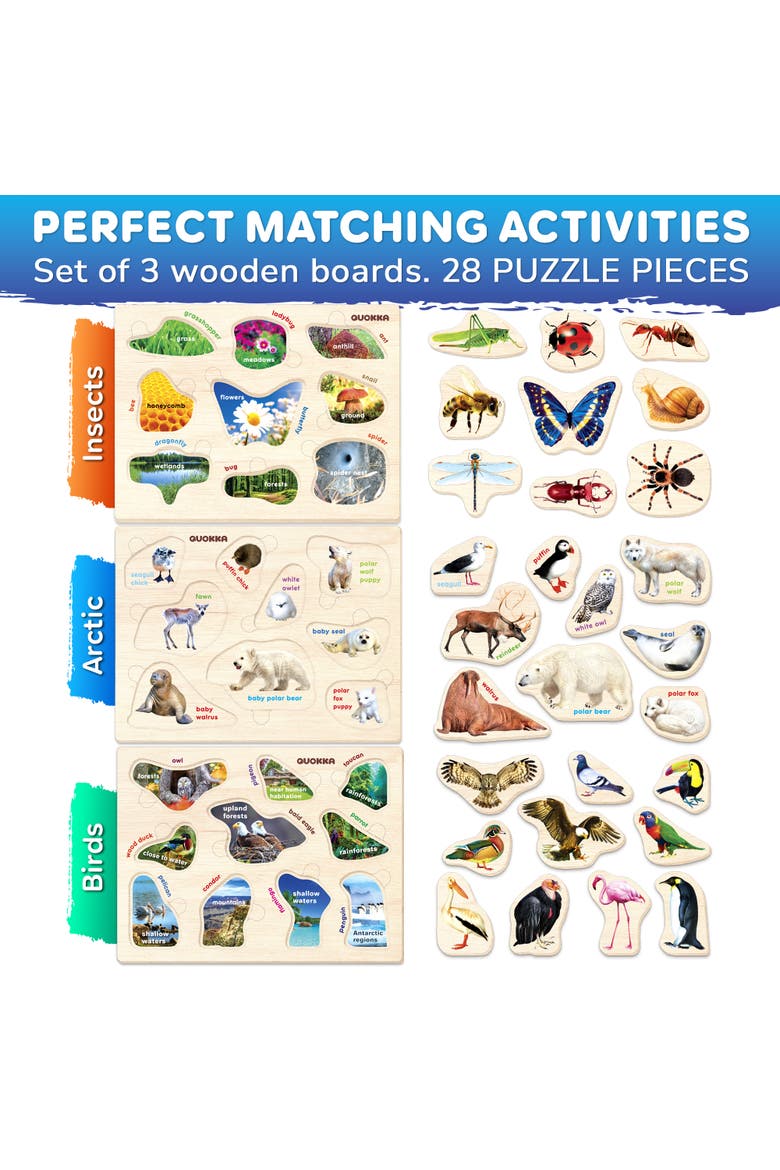 3xSET Montessori Wooden Puzzles for Toddlers, Alternate, color, Insects, arctic animals, birds