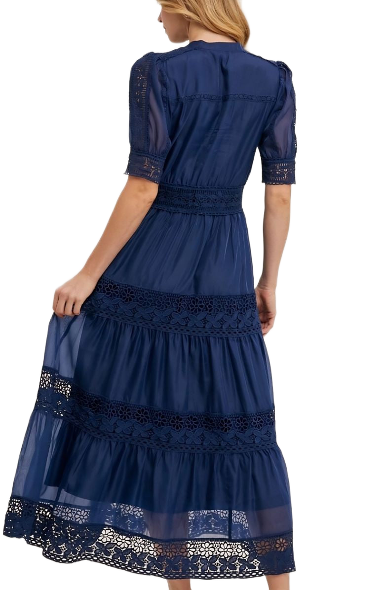 Knit and Lounge Lace Pintuck Tiered Midi Dress, Alternate, color, Navy