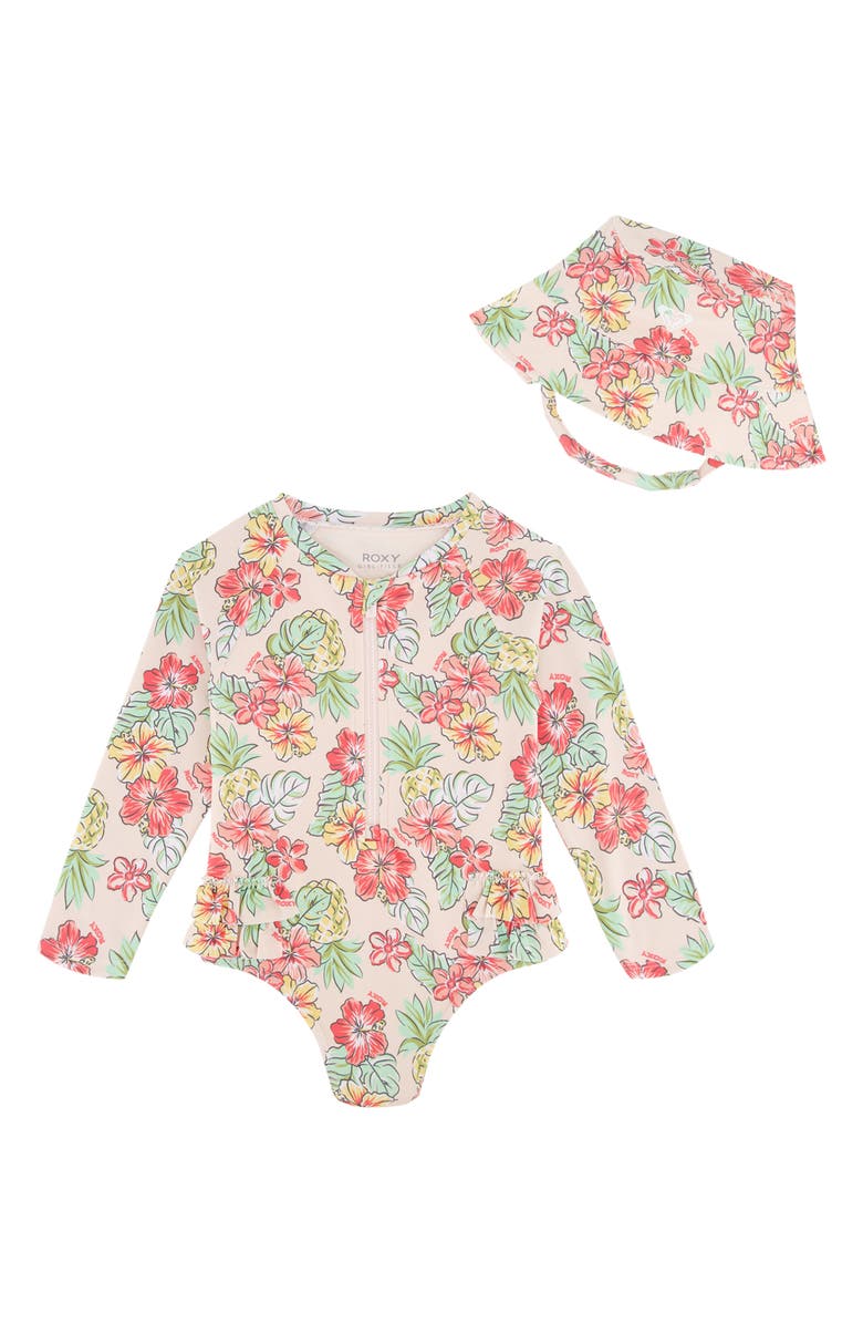 Roxy Floral Long Sleeve One-Piece Rashguard & Hat Set, Main, color, 