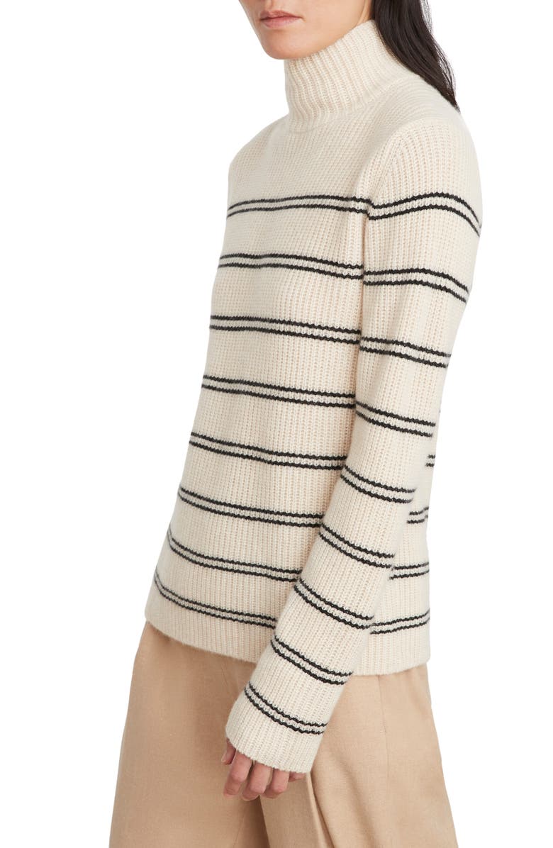 Vince Stripe Shaker Stitch Wool Blend Mock Neck Sweater, Alternate, color, Heather Ecru/ Black