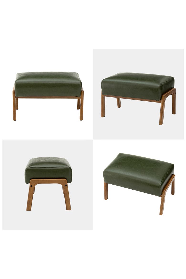 Mid-century Modern Faux Leather Accent Stool with Walnut Rubberwood Legs, Alternate, color, Green