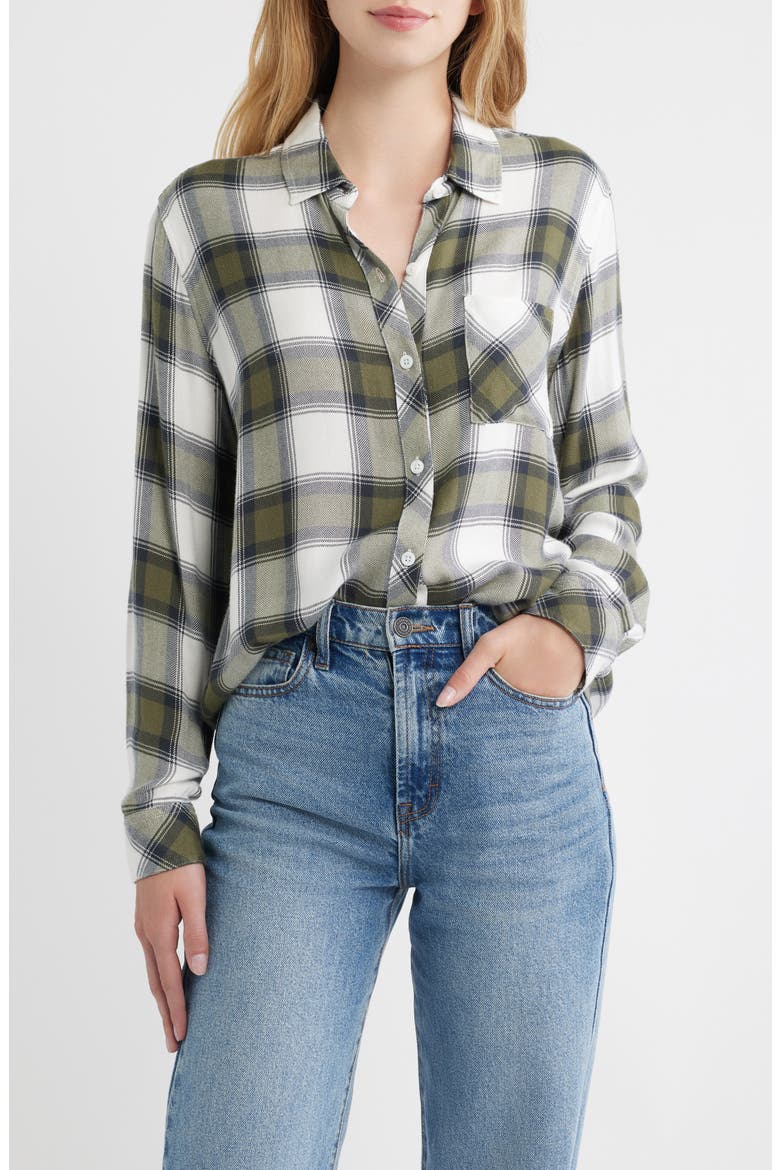 Hunter Plaid Button-Up Shirt, Main, color, OLIVE IVORY