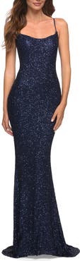La Femme Lovely Long Soft Sequin Dress with Scoop Neck
