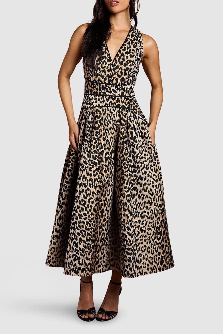 V-Neck Animal Jacquard Midi Dress, Alternate, color, Animal