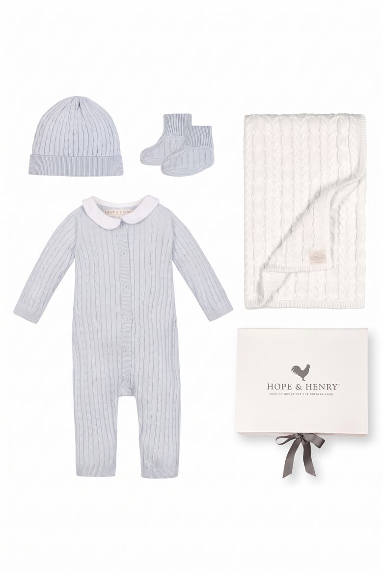 Baby Organic Cable-knit Peter Pan Collar Romper Gift Set, Main, color, Pale Blue