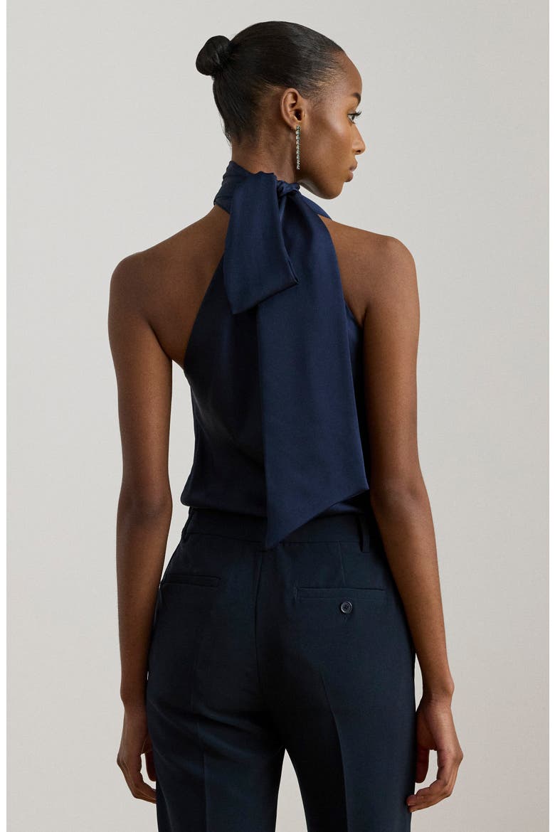 Tie Neck Asymmetric Charmeuse Halter Top, Alternate, color, REFINED NAVY BLUE