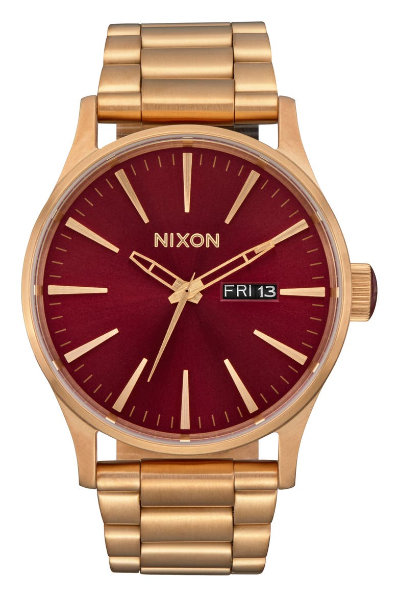 Sentry Bracelet Watch, 42mm, Main, color, OXBLOOD SUNRAY / GOLD