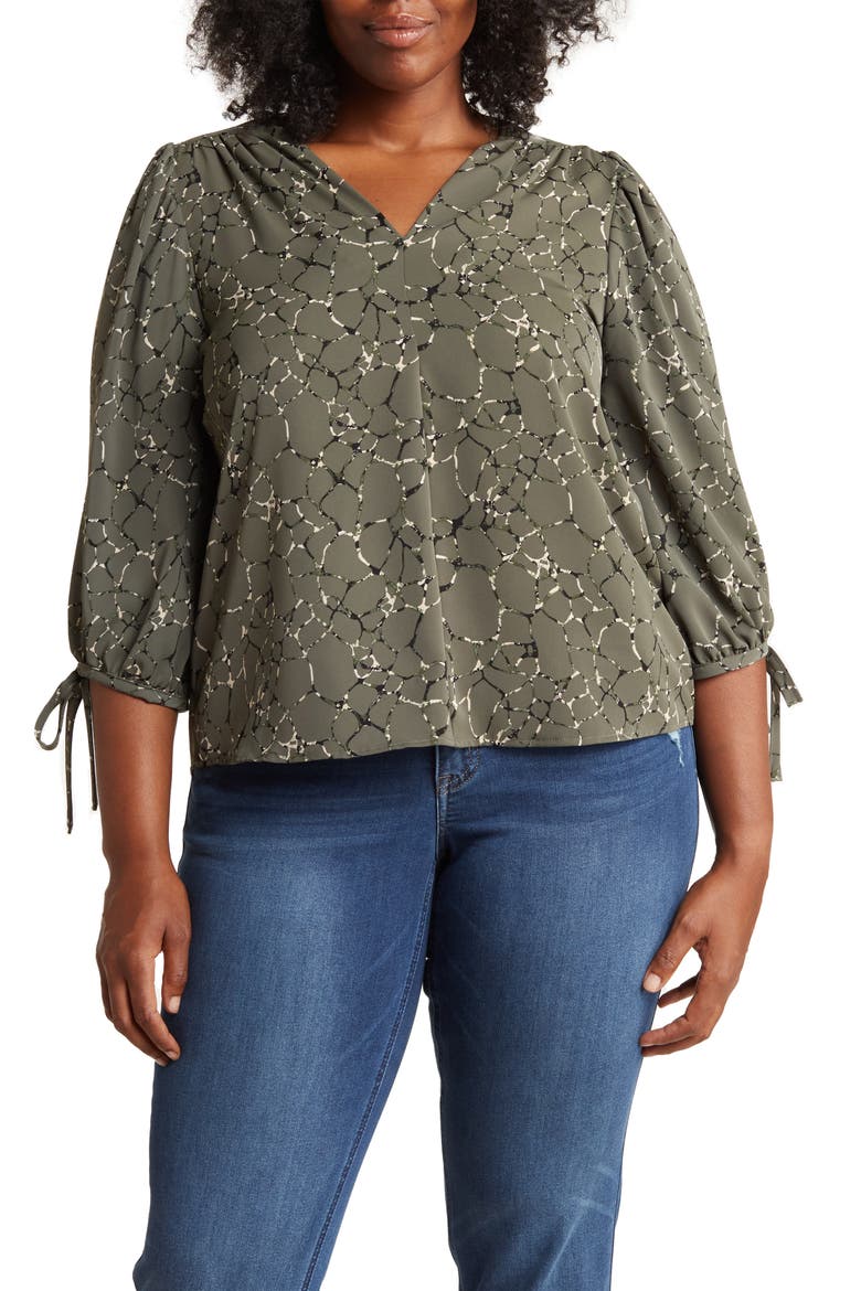 Abstract V-Neck Blouse, Main, color, OLIVE