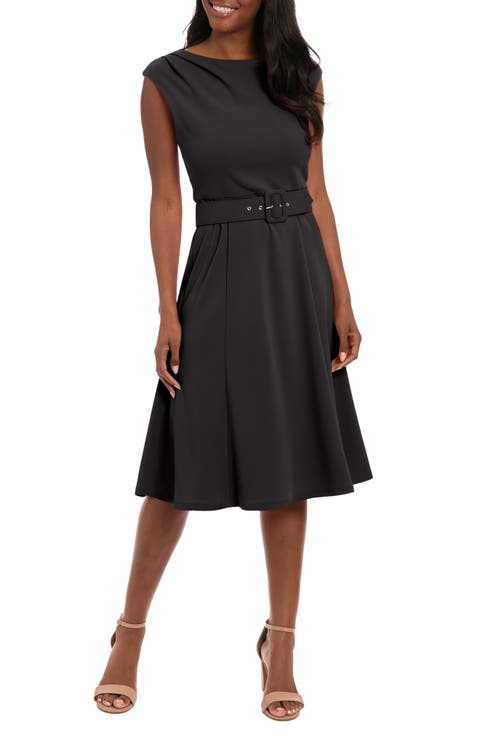 Pleated Boat Neck Fit & Flare Dress